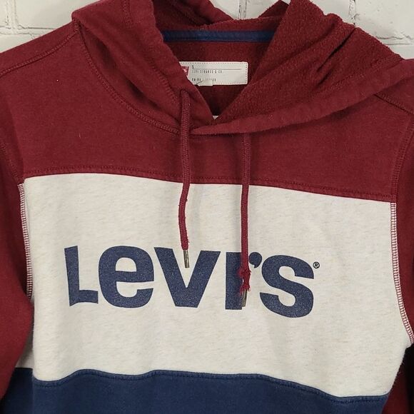 LEVI'S Men's Bilco Fleece Pullover Hoodie Maroon Blue Casual Sweatshirt Jacket - Picture 4 of 7